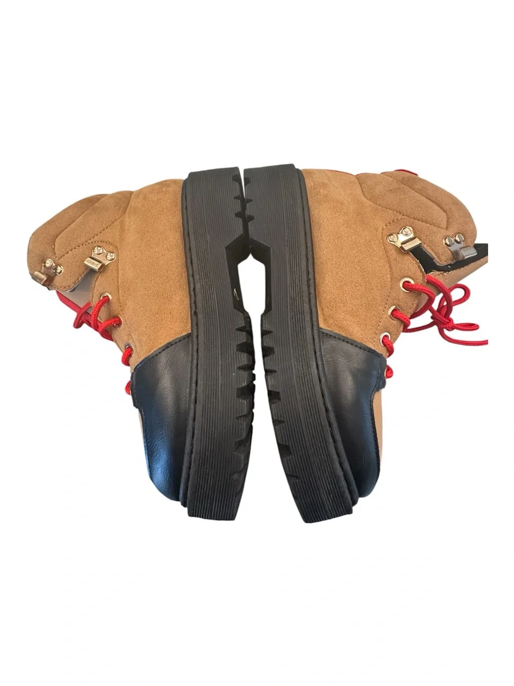 Qupid Hiking Style Ankle Boots Tan Black Red Laces Size 37 US 6.5